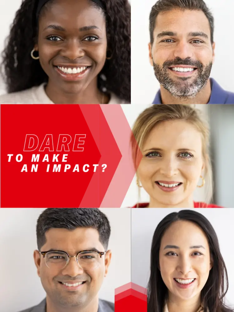 A four-by-four grid display of individual people in each square, with the phrase ‘Dare to make an impact?’ beside it.